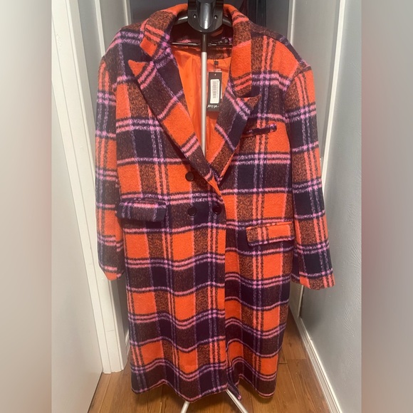 Nasty Gal Premium Plaid Double-Breasted Wool Look Coat Orange & Purple Size 16 - Picture 9 of 17